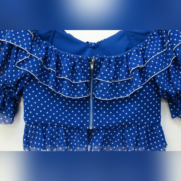 Lovers + Friends Reid Polka Dot Faux Corset Top Blue White Ruffle Size S Boho - Picture 9 of 11